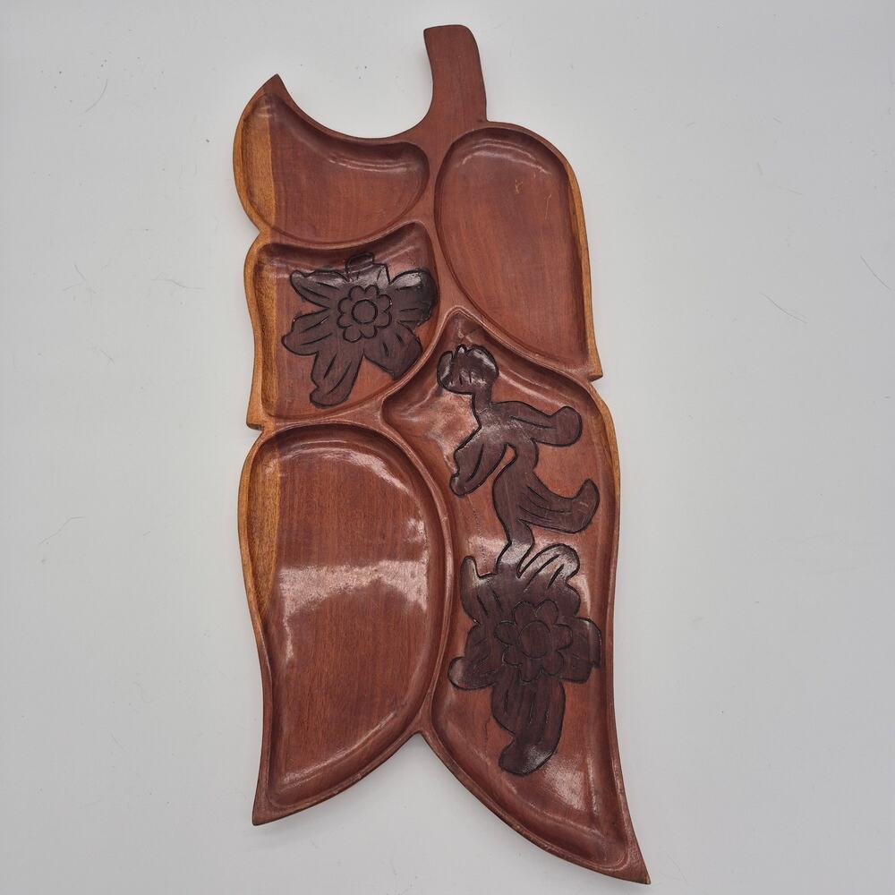 Vtg Hand Carved Haitian Solid Wood Tray 5 Section Serving Dish 20"